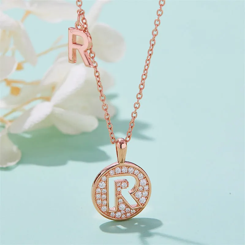 Rose Gold Initial Alphabet Moissanite Disc Pendant Necklace