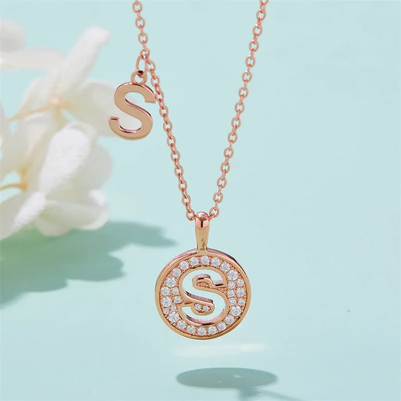 Rose Gold Initial Alphabet Moissanite Disc Pendant Necklace
