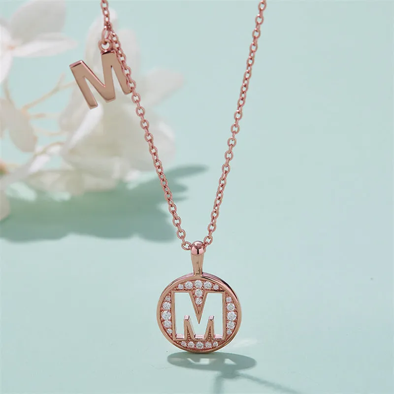 Rose Gold Initial Alphabet Moissanite Disc Pendant Necklace