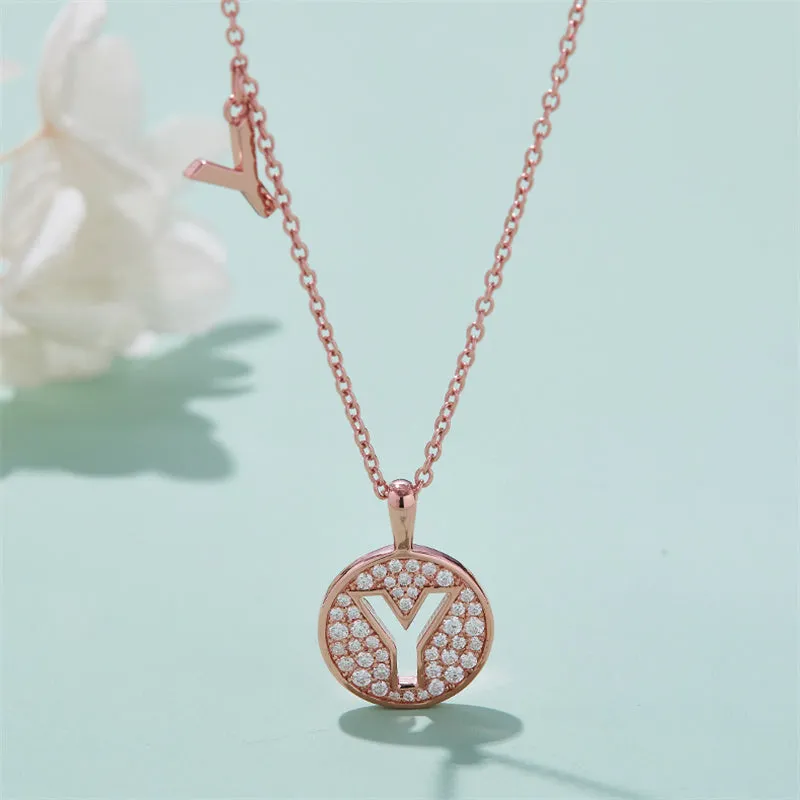 Rose Gold Initial Alphabet Moissanite Disc Pendant Necklace