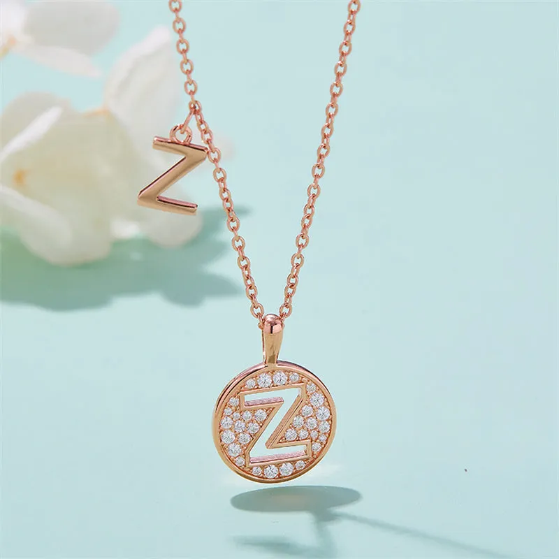 Rose Gold Initial Alphabet Moissanite Disc Pendant Necklace