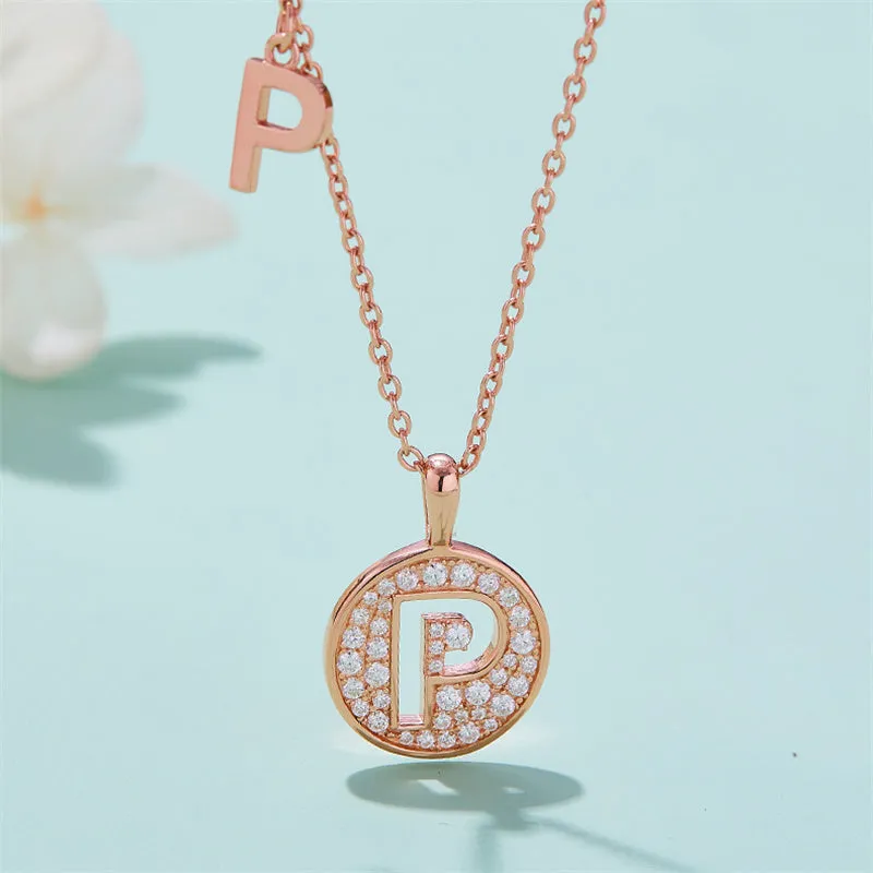 Rose Gold Initial Alphabet Moissanite Disc Pendant Necklace