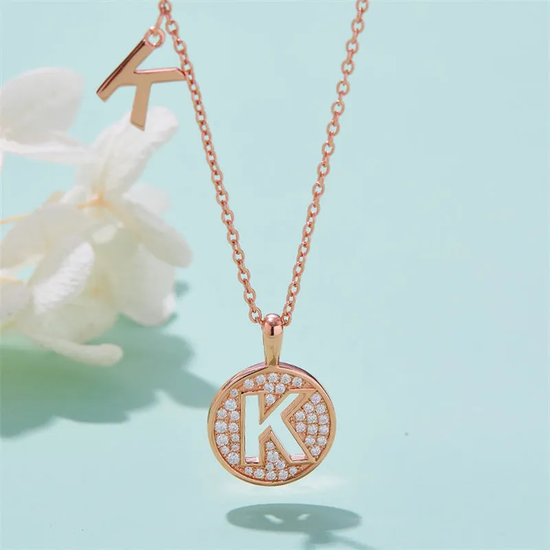 Rose Gold Initial Alphabet Moissanite Disc Pendant Necklace
