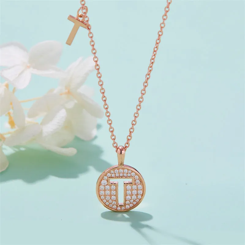 Rose Gold Initial Alphabet Moissanite Disc Pendant Necklace