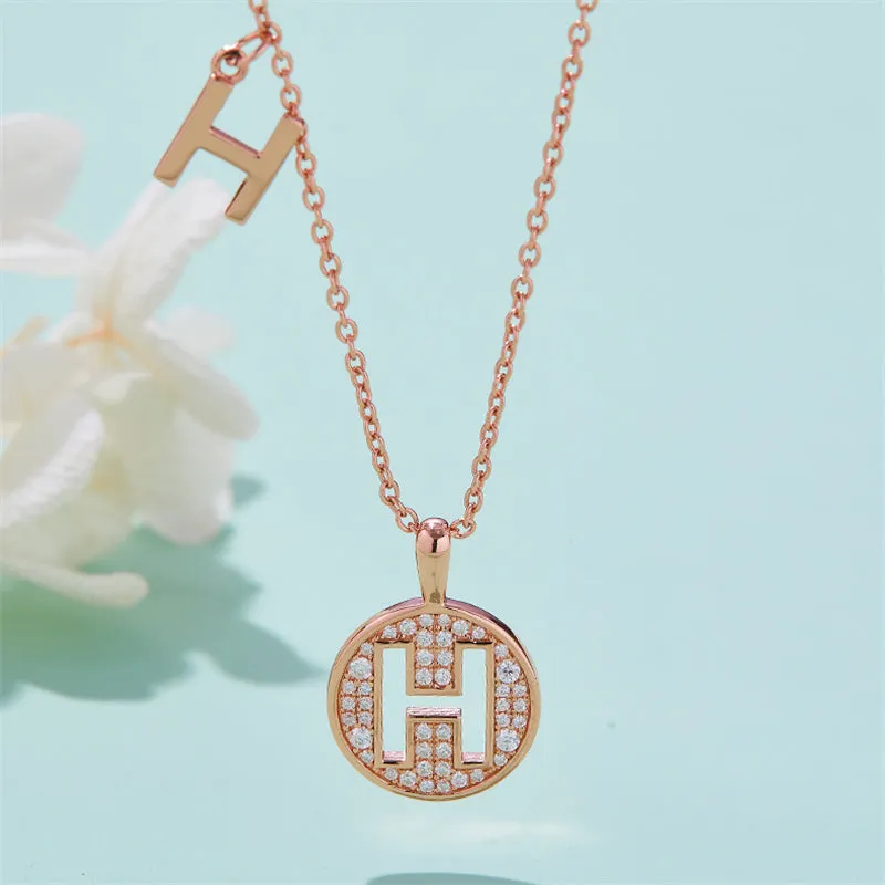 Rose Gold Initial Alphabet Moissanite Disc Pendant Necklace