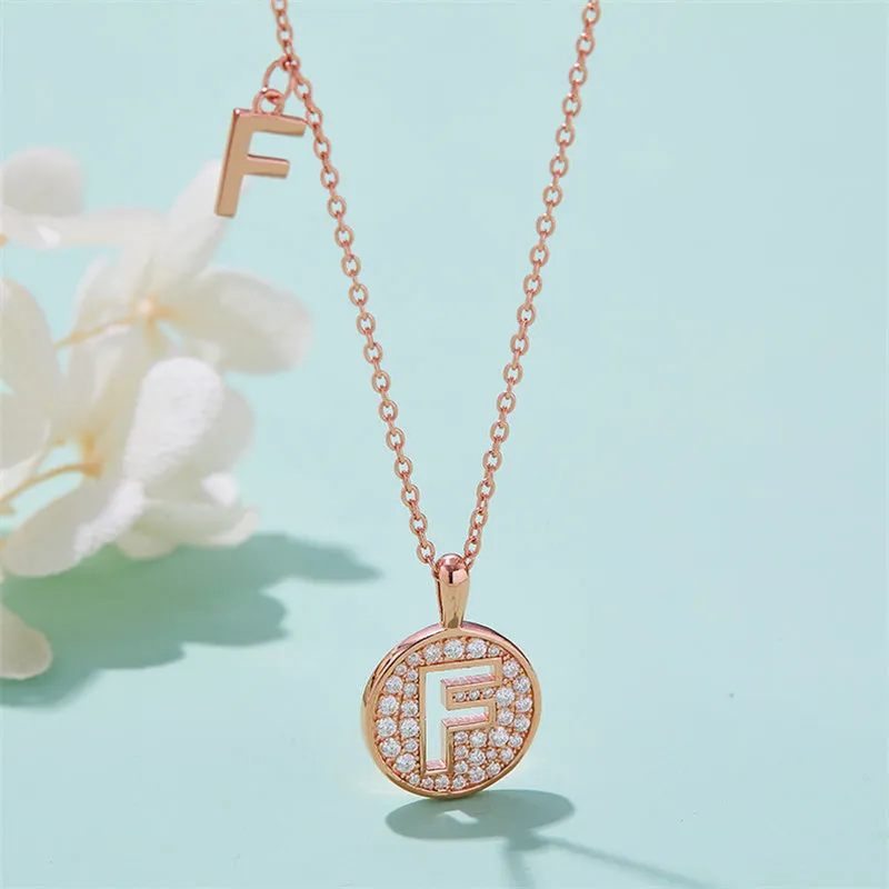 Rose Gold Initial Alphabet Moissanite Disc Pendant Necklace