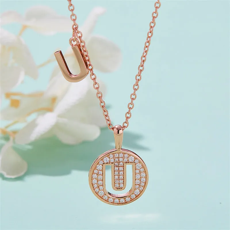 Rose Gold Initial Alphabet Moissanite Disc Pendant Necklace
