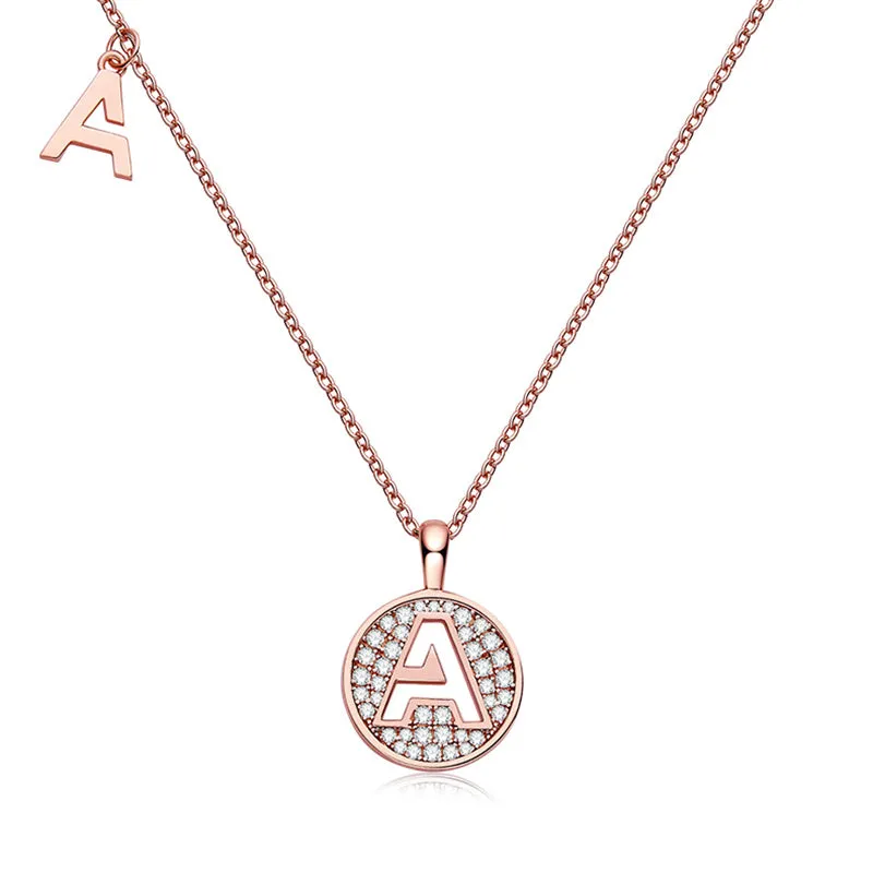 Rose Gold Initial Alphabet Moissanite Disc Pendant Necklace