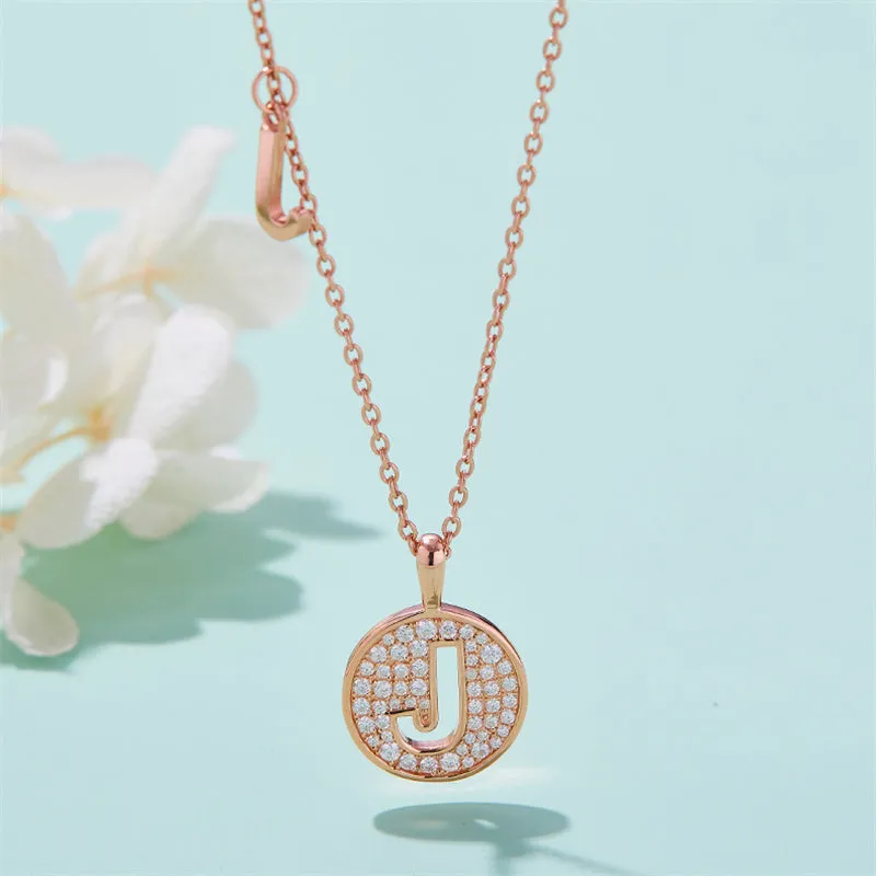 Rose Gold Initial Alphabet Moissanite Disc Pendant Necklace