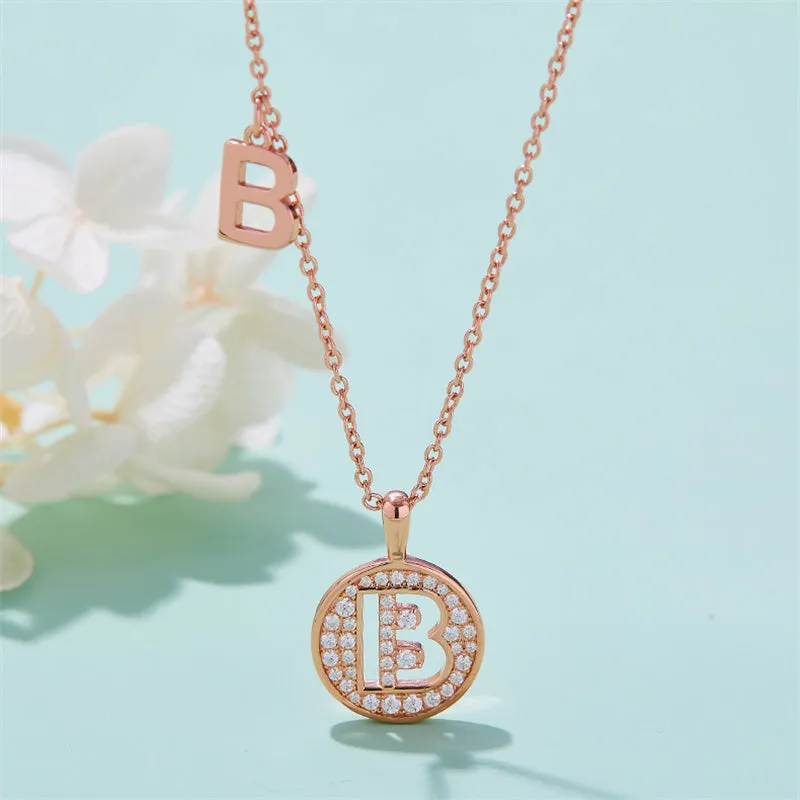 Rose Gold Initial Alphabet Moissanite Disc Pendant Necklace