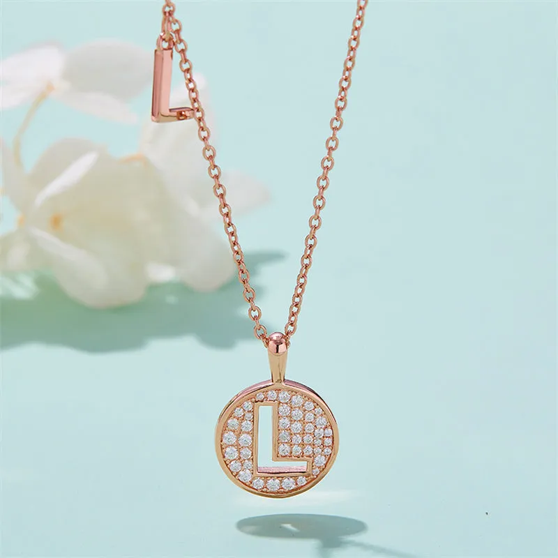 Rose Gold Initial Alphabet Moissanite Disc Pendant Necklace