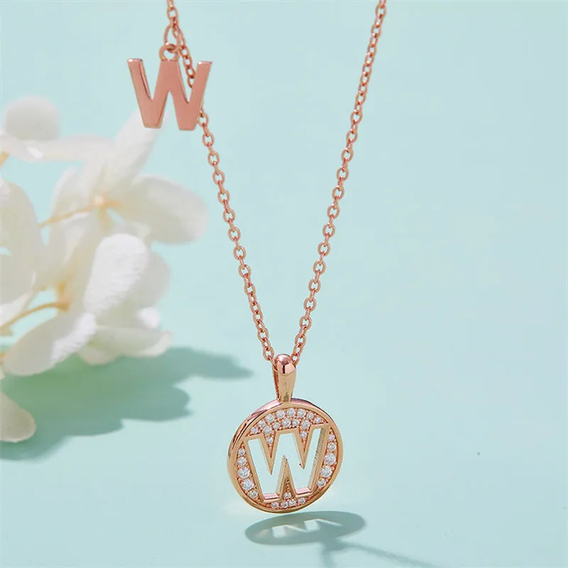 Rose Gold Initial Alphabet Moissanite Disc Pendant Necklace