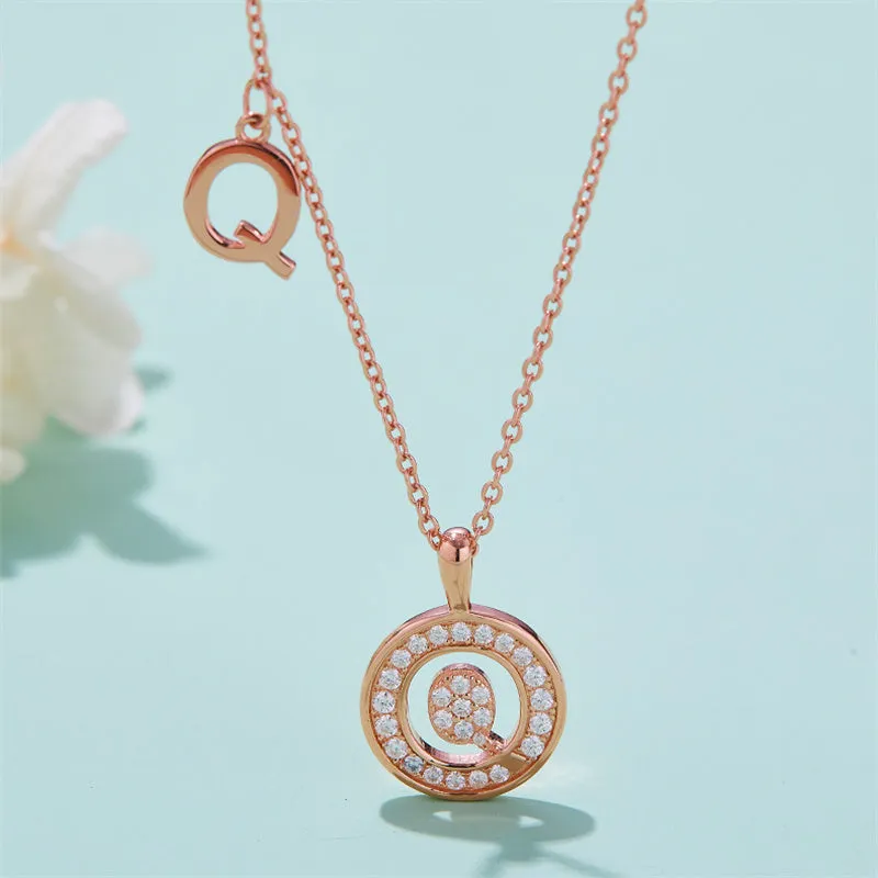 Rose Gold Initial Alphabet Moissanite Disc Pendant Necklace