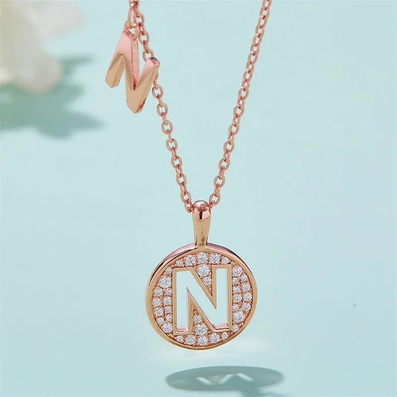 Rose Gold Initial Alphabet Moissanite Disc Pendant Necklace