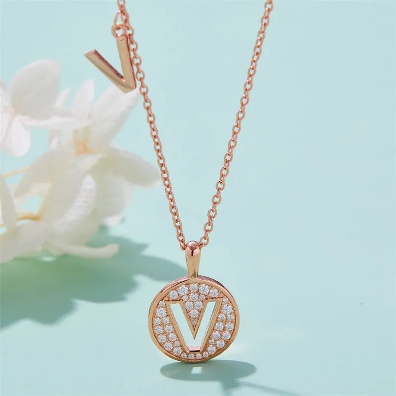 Rose Gold Initial Alphabet Moissanite Disc Pendant Necklace