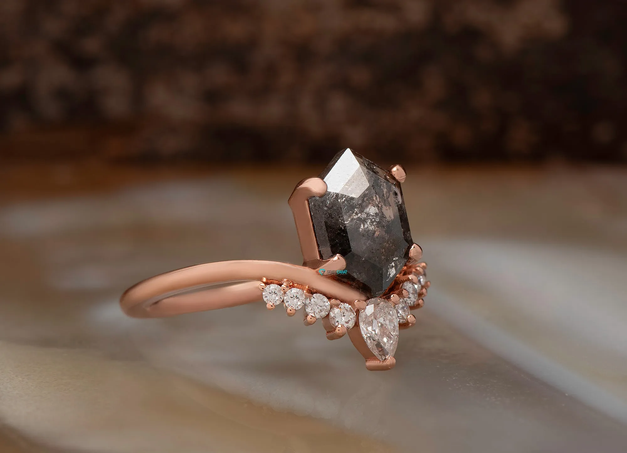 Rose gold  Salt and Pepper hexagon diamond engagement ring 1.73 ct