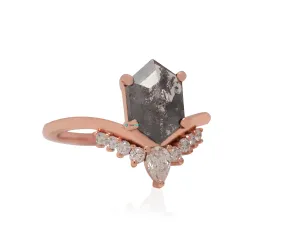 Rose gold  Salt and Pepper hexagon diamond engagement ring 1.73 ct