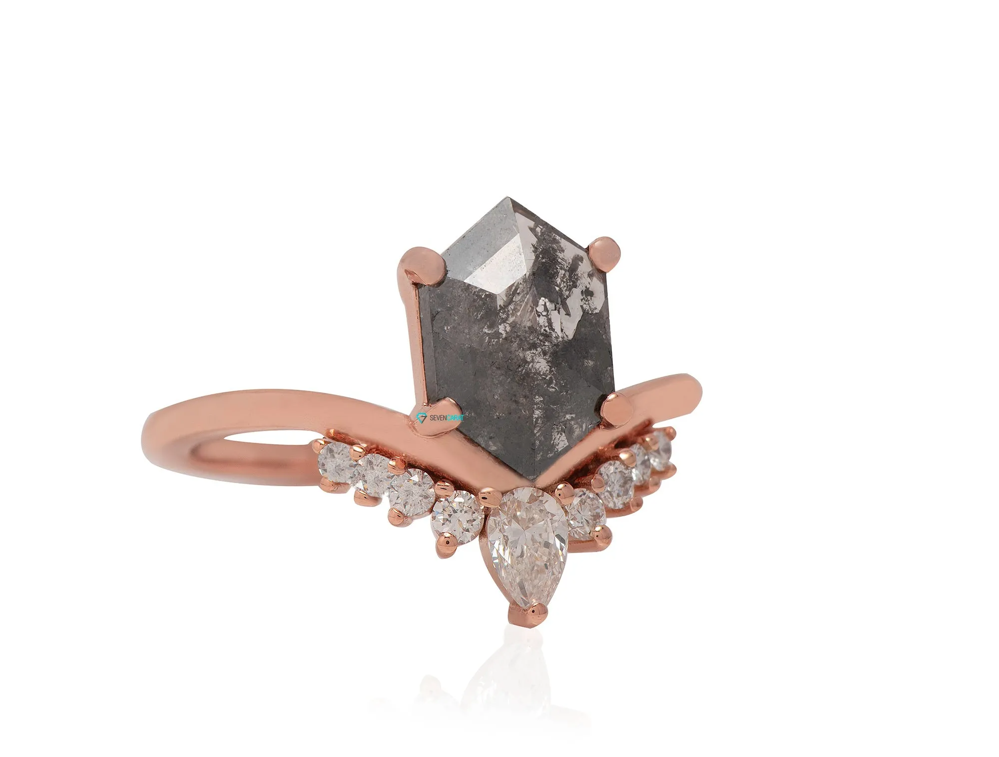 Rose gold  Salt and Pepper hexagon diamond engagement ring 1.73 ct