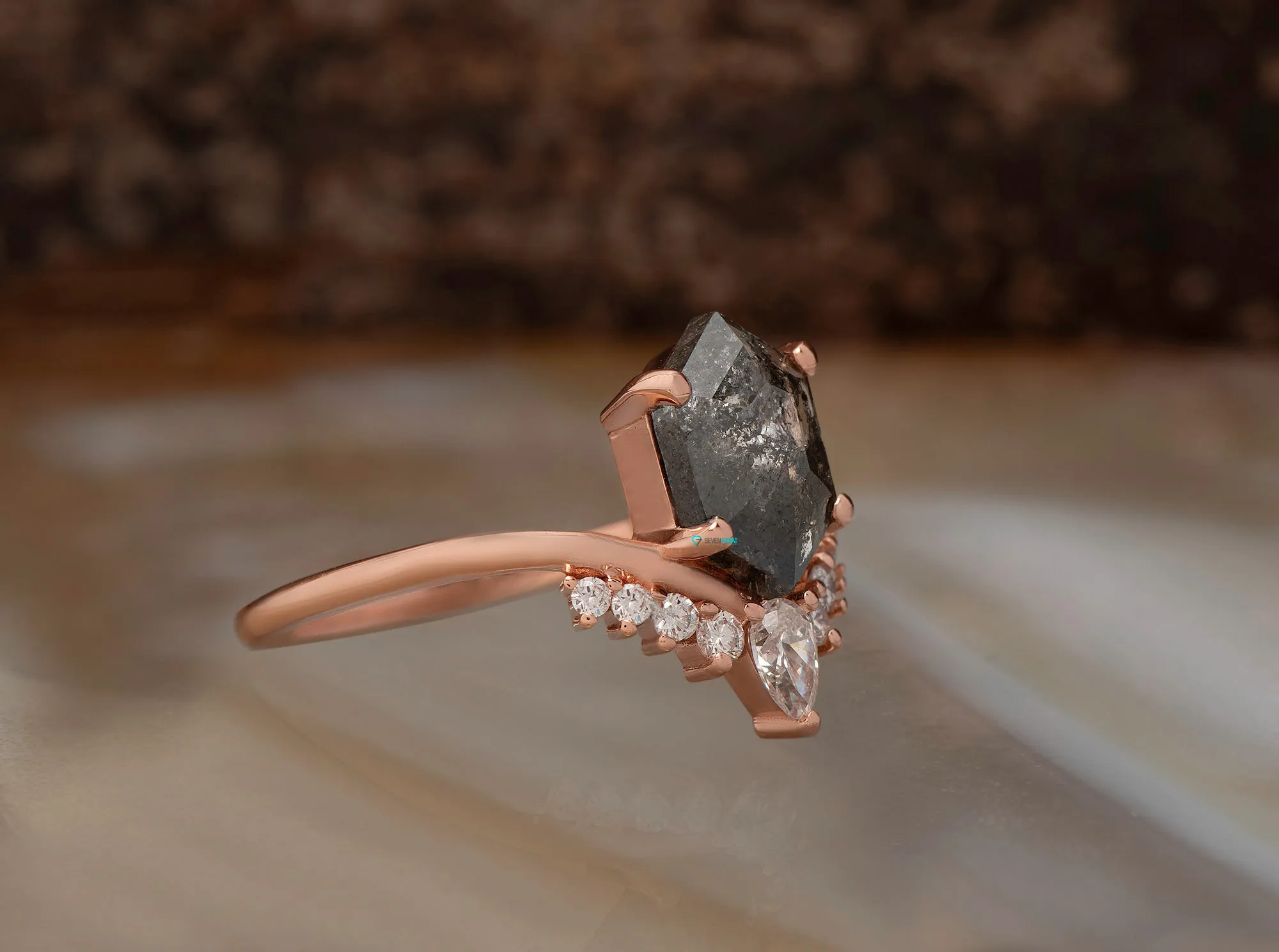 Rose gold  Salt and Pepper hexagon diamond engagement ring 1.73 ct