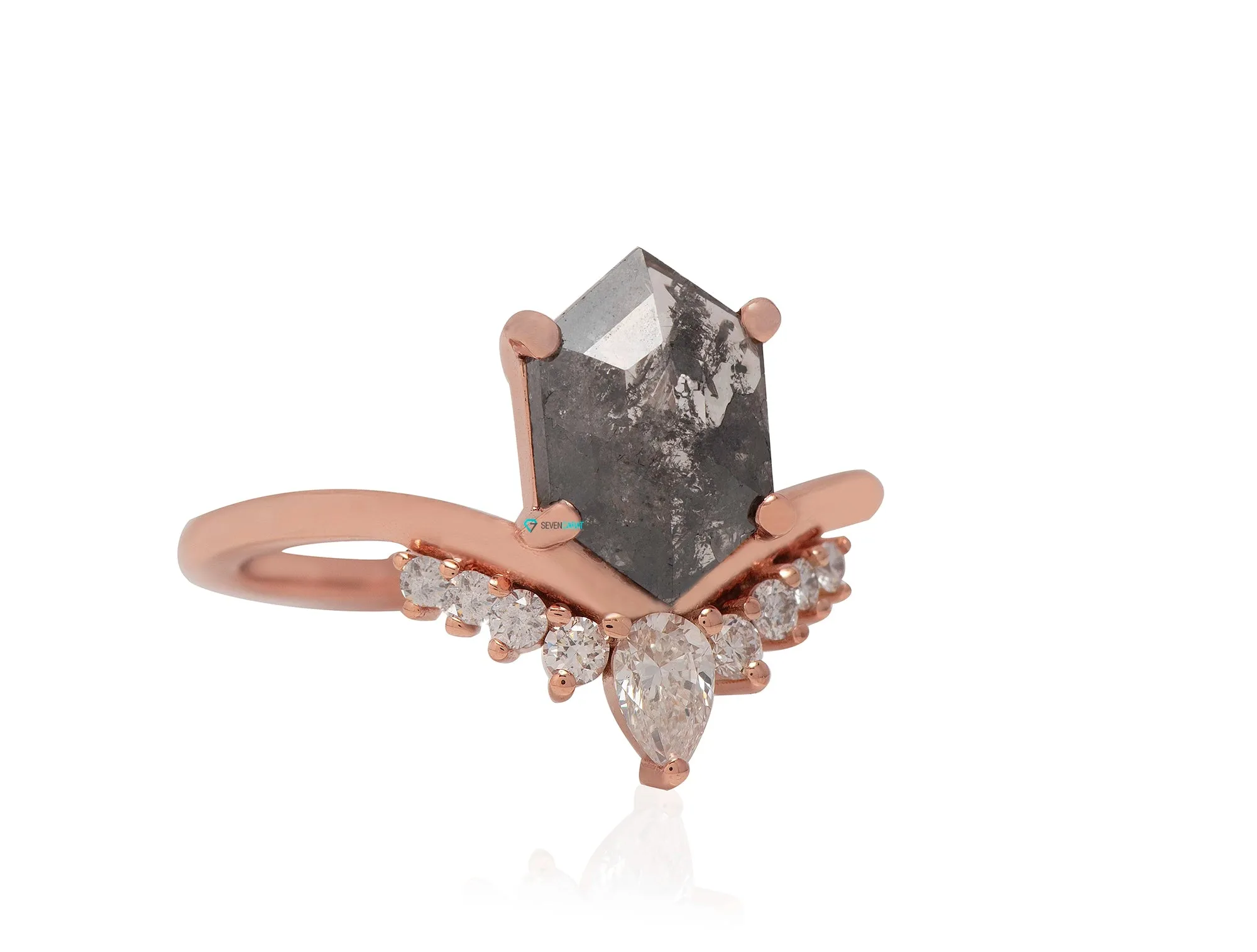 Rose gold  Salt and Pepper hexagon diamond engagement ring 1.73 ct