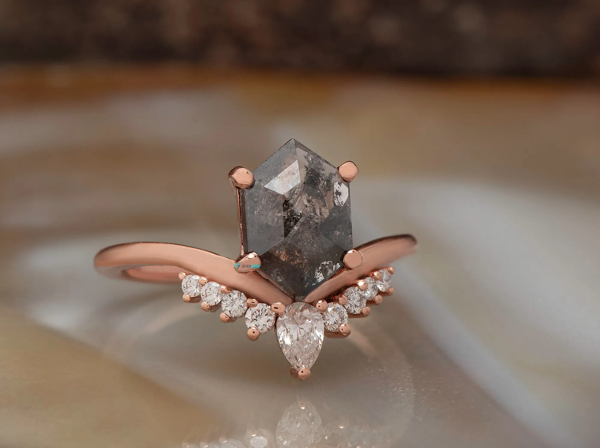 Rose gold  Salt and Pepper hexagon diamond engagement ring 1.73 ct