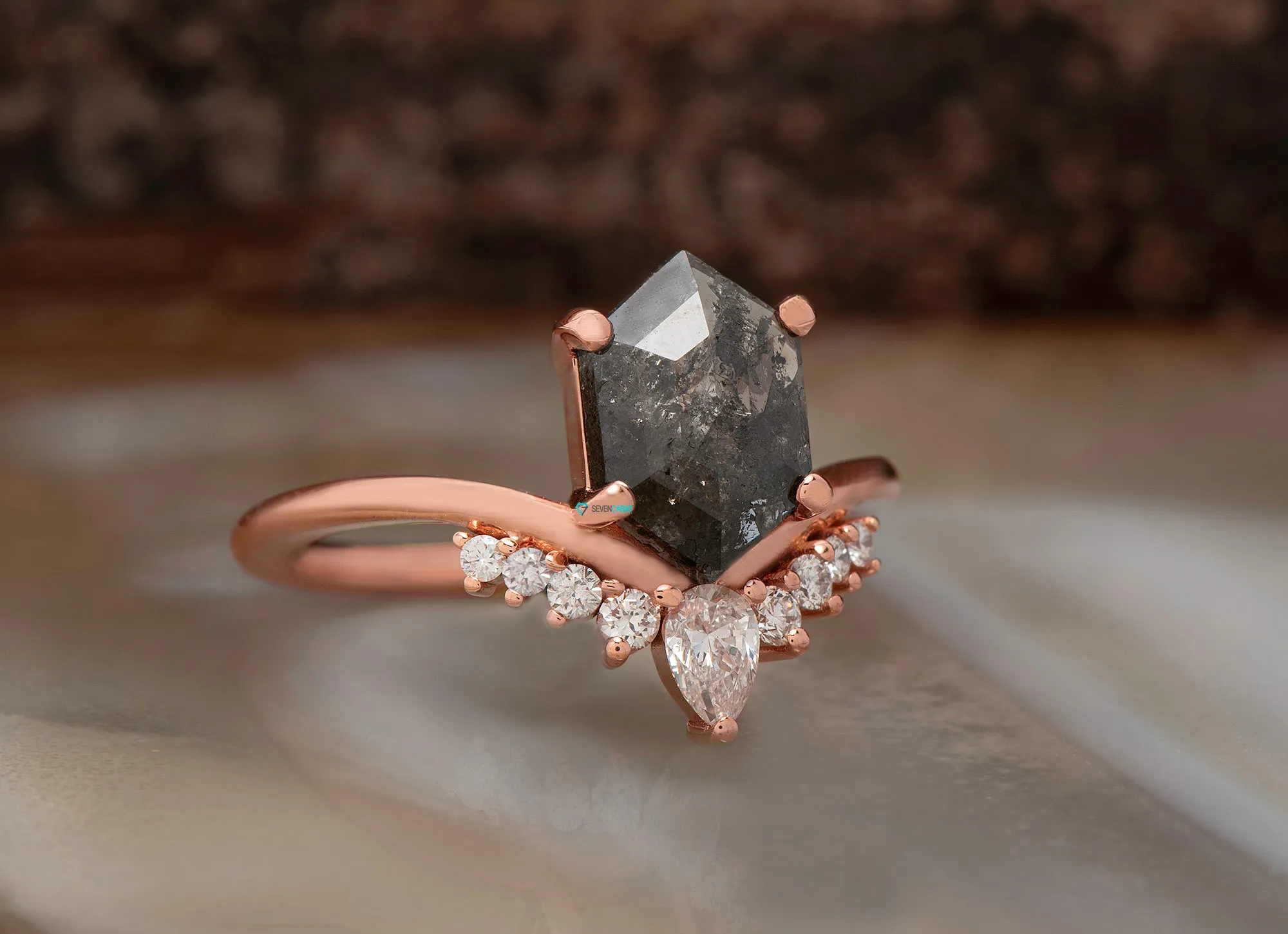 Rose gold  Salt and Pepper hexagon diamond engagement ring 1.73 ct
