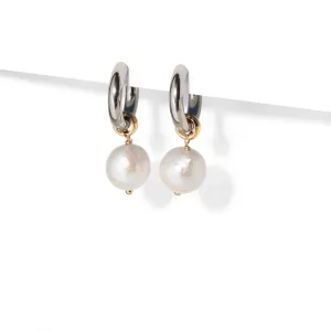 Round Pearl Silver Hoops
