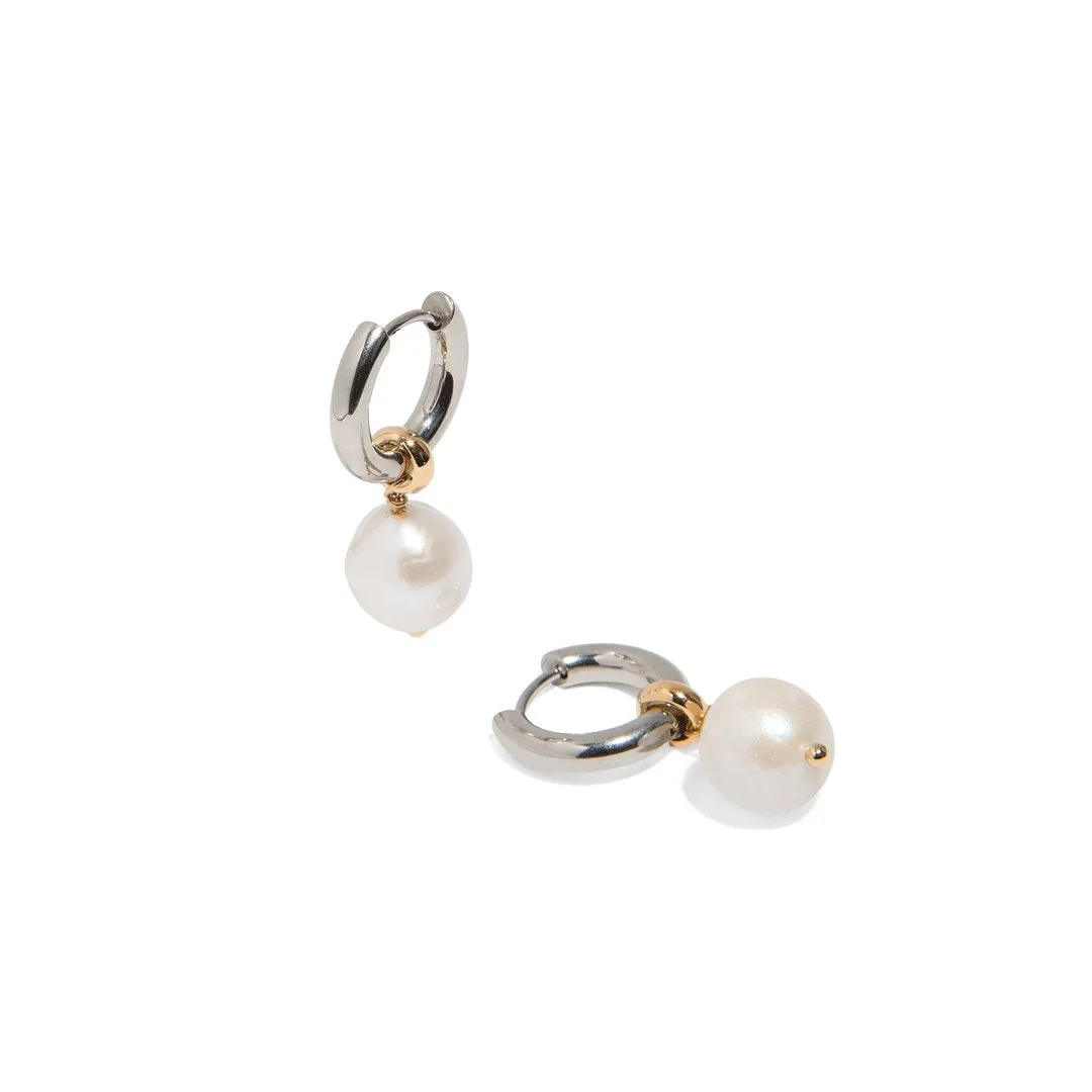 Round Pearl Silver Hoops