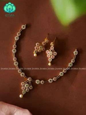 RUBY GREEN WHITE STONE CURVY - stylish and minimal elegant neckwear with earrings- Zivara Fashion
