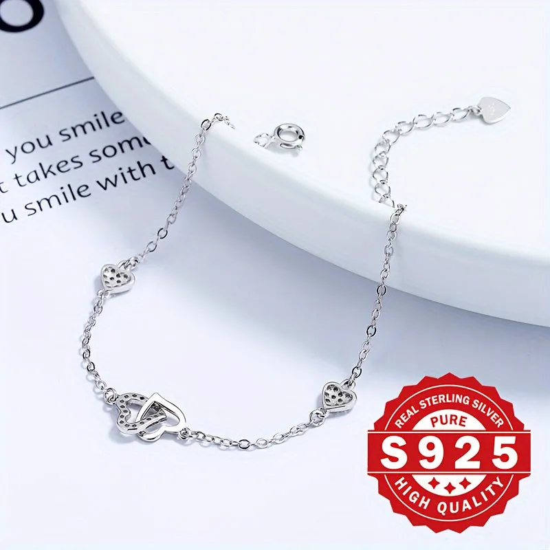 S925 Sterling Silver Double Heart Interlocking Bracelet