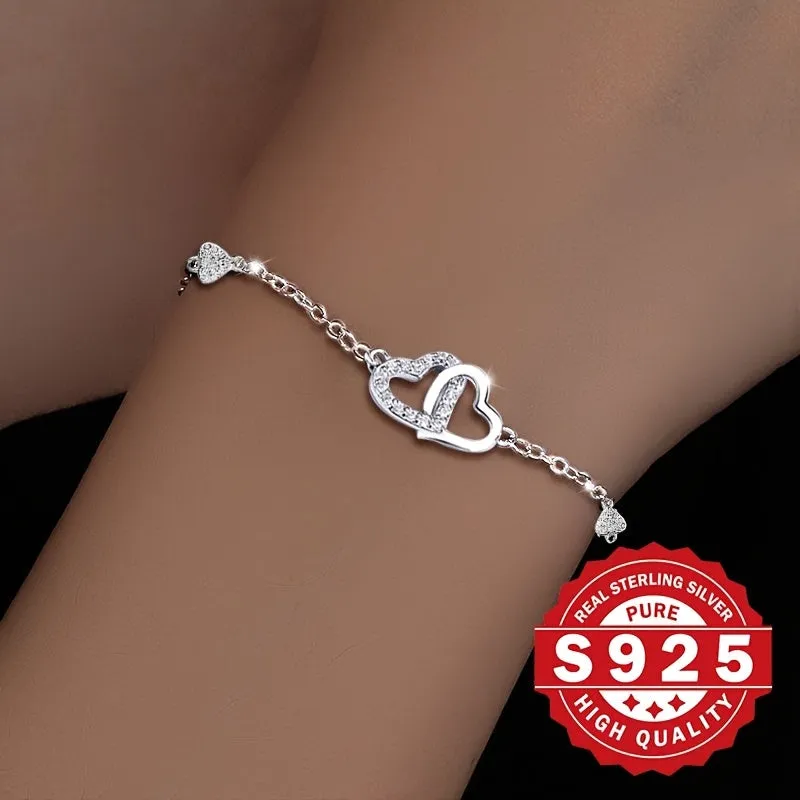 S925 Sterling Silver Double Heart Interlocking Bracelet