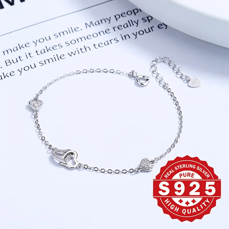 S925 Sterling Silver Double Heart Interlocking Bracelet