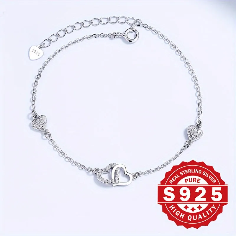 S925 Sterling Silver Double Heart Interlocking Bracelet