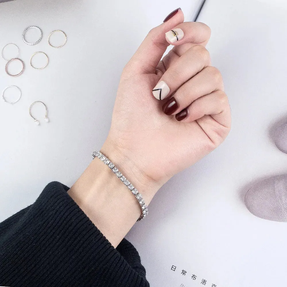 Silver Bracelet  Zircon Chain Bracelet For Women Fashion Simple Engagement Wedding Glamour Jewelry 4MM 17.5CM