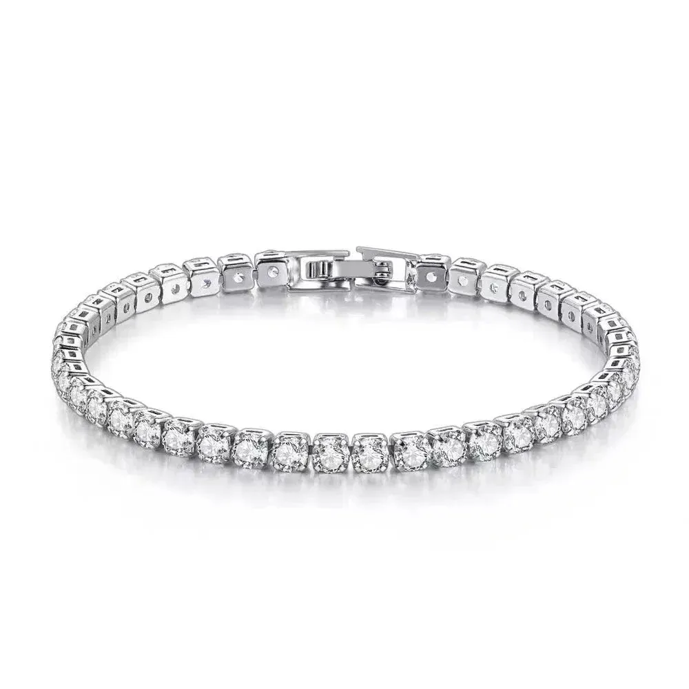 Silver Bracelet  Zircon Chain Bracelet For Women Fashion Simple Engagement Wedding Glamour Jewelry 4MM 17.5CM