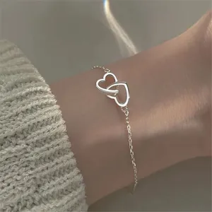 Silver Color Double Interlocking Small Hearts Bracelet Bangle For Women Fine Fashion Jewelry Wedding Party Gift