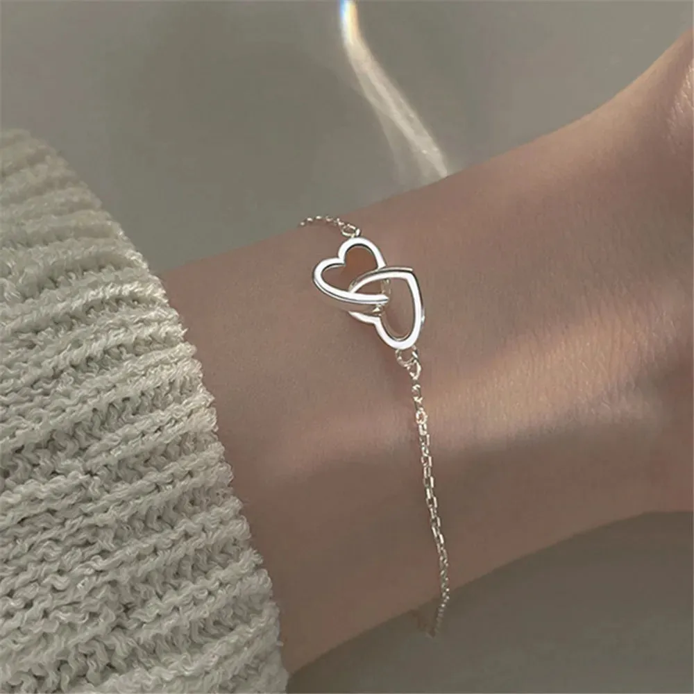 Silver Color Double Interlocking Small Hearts Bracelet Bangle For Women Fine Fashion Jewelry Wedding Party Gift