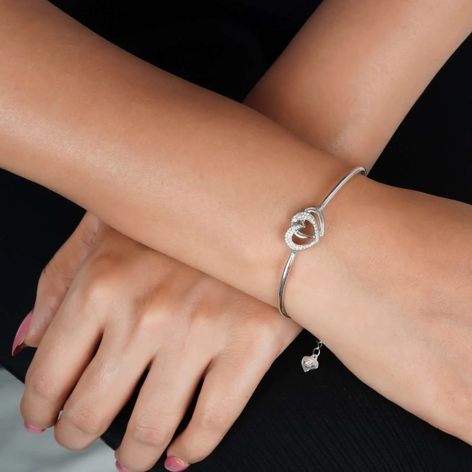 Silver Dual Interlocking Hearts Cuff Bracelet
