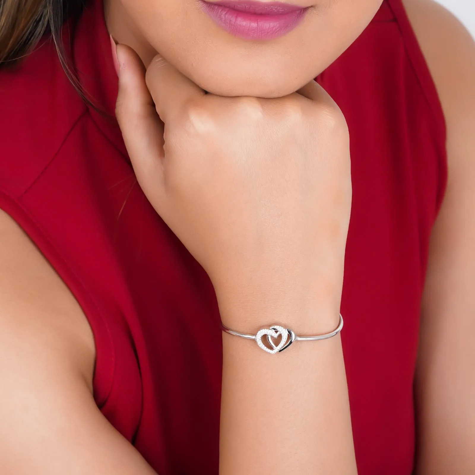 Silver Dual Interlocking Hearts Cuff Bracelet