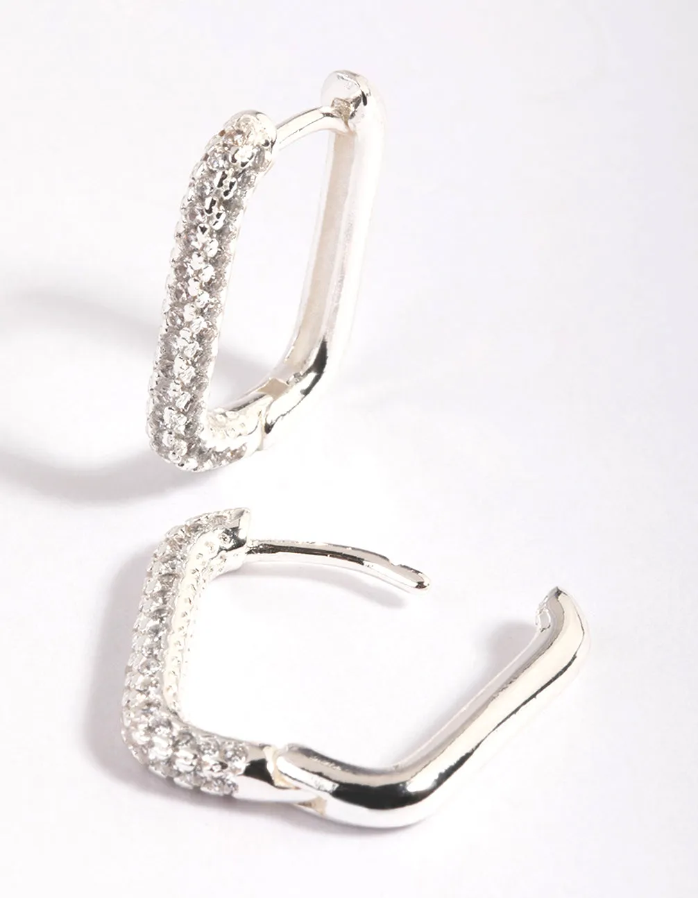Silver Plated  Cubic Zirconia Pave Rectangle Hoop Earrings