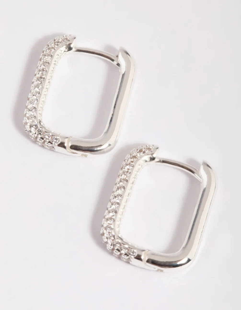Silver Plated  Cubic Zirconia Pave Rectangle Hoop Earrings