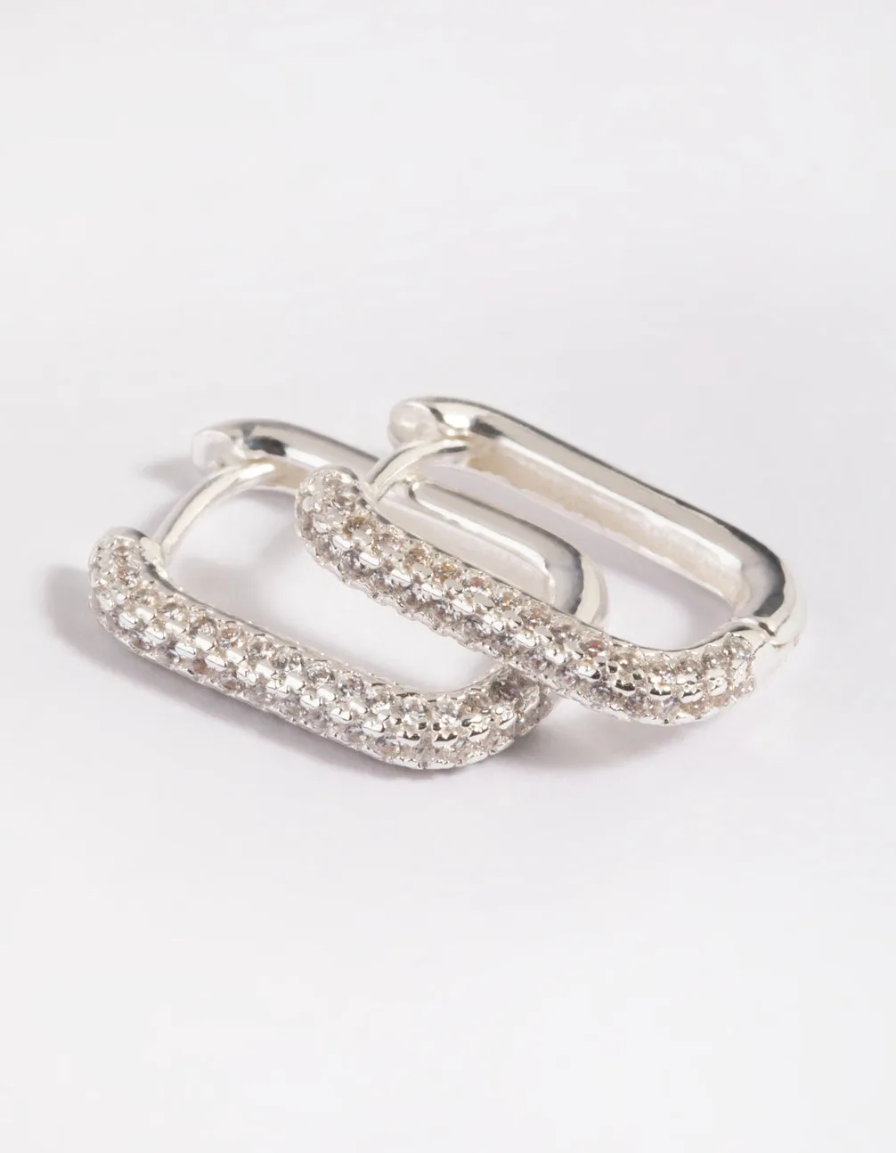 Silver Plated  Cubic Zirconia Pave Rectangle Hoop Earrings
