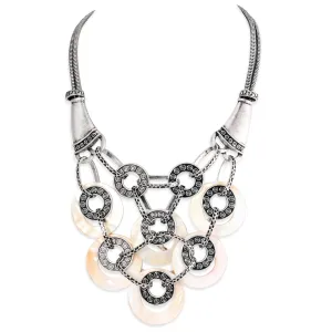 SILVER-WHITE S-OX MOTHER OF PEARL WITH SILVER COIN METAL BIB NECKLACE  #HNN92638_S-OX_WHIT (KA3/KB5)