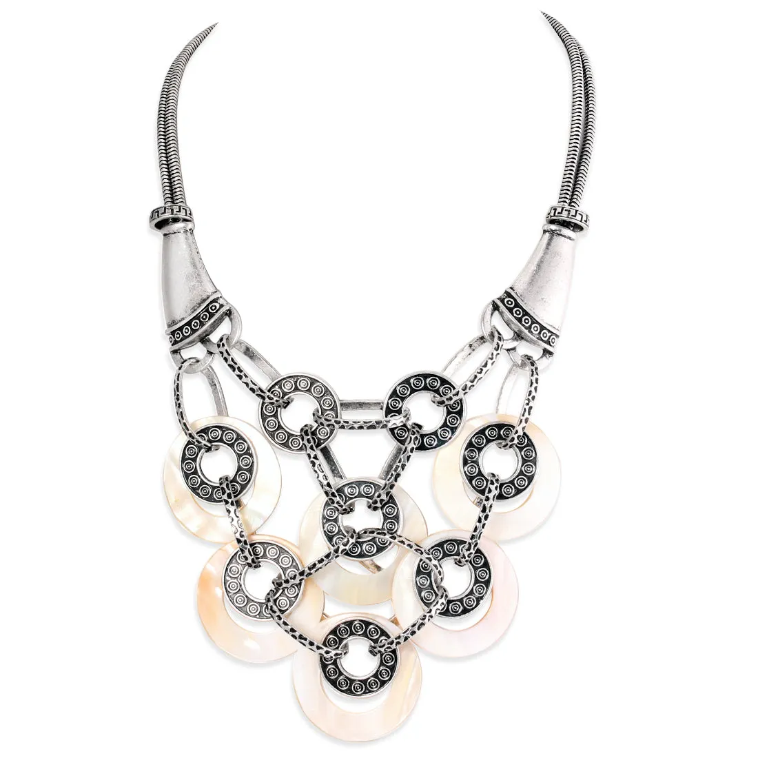 SILVER-WHITE S-OX MOTHER OF PEARL WITH SILVER COIN METAL BIB NECKLACE  #HNN92638_S-OX_WHIT (KA3/KB5)