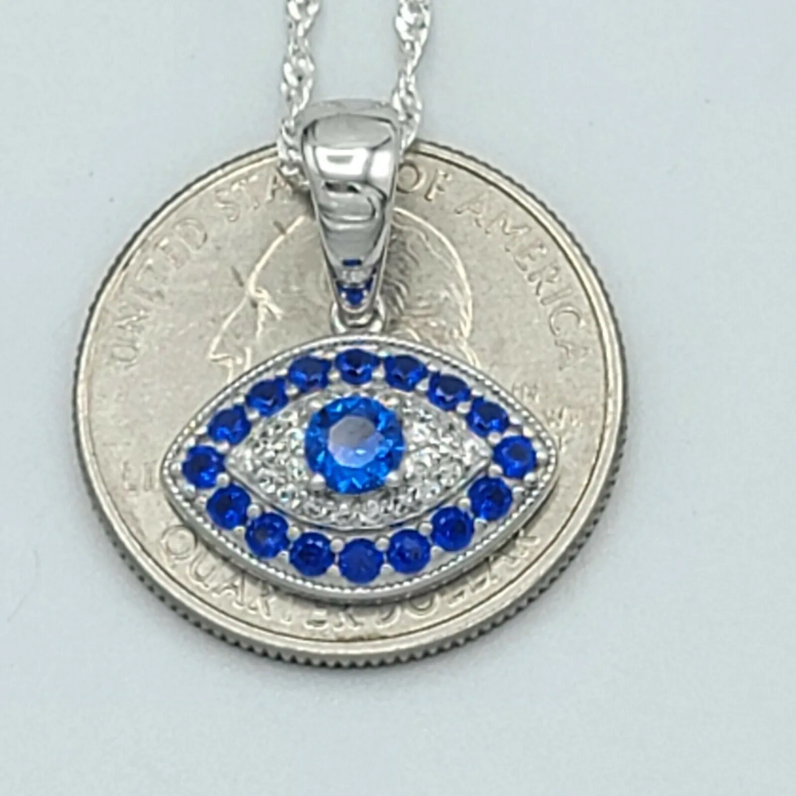 Solid 925 Sterling Silver. CZ Blue Eye Pendant Necklace.