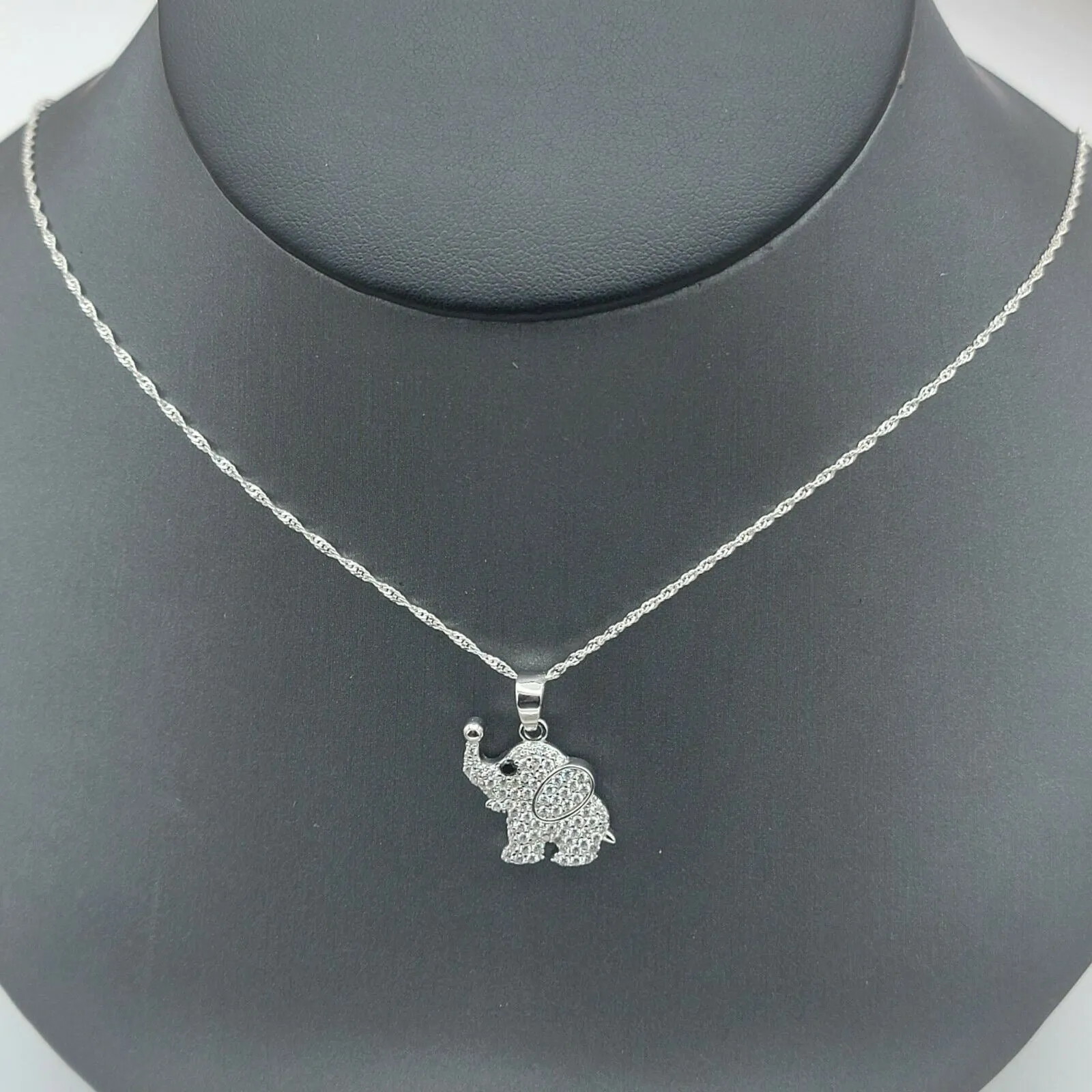 Solid 925 Sterling Silver. CZ Cute Elephant Pendant & Chain.