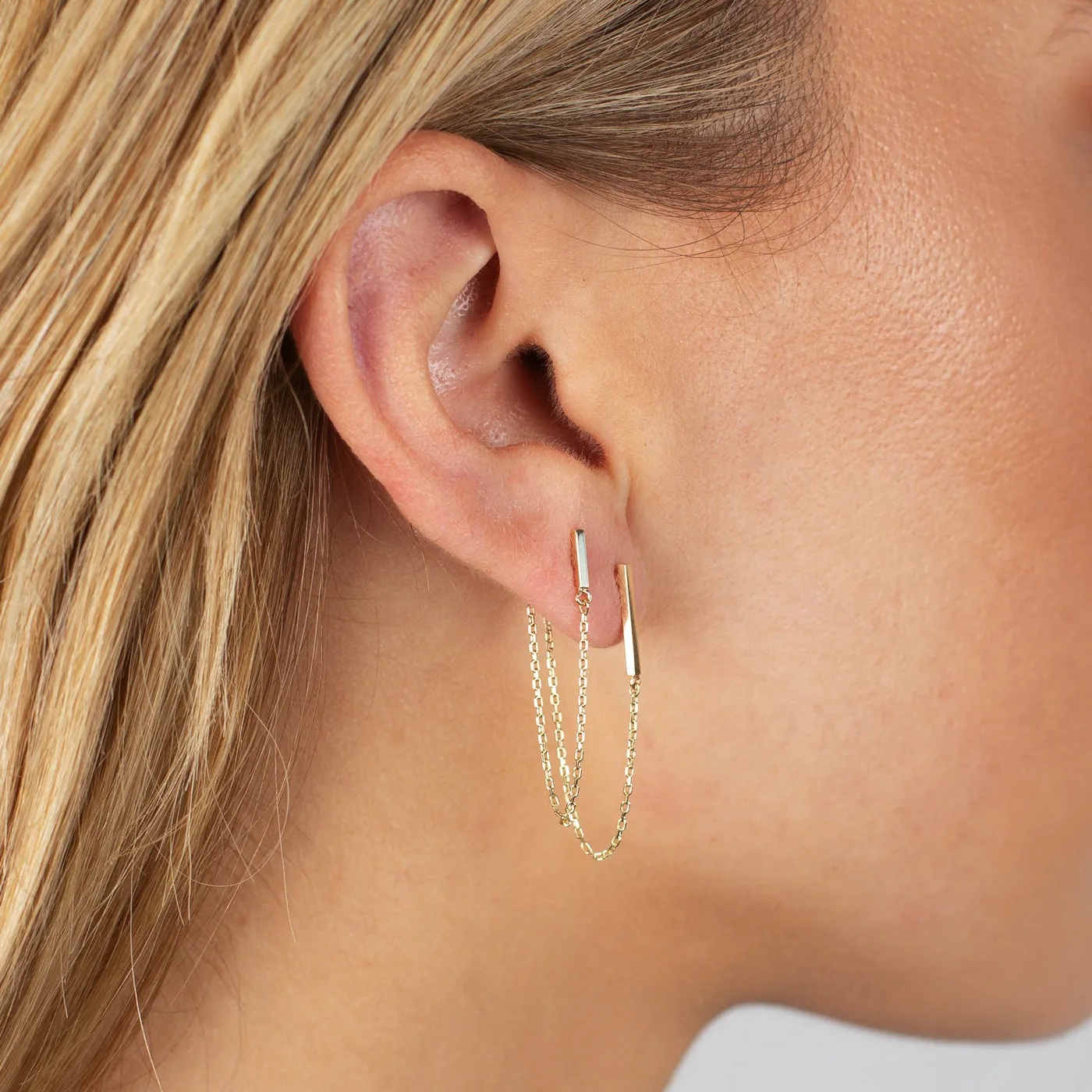 Solid Bar Chain Front Back Drop Stud Earring 14K