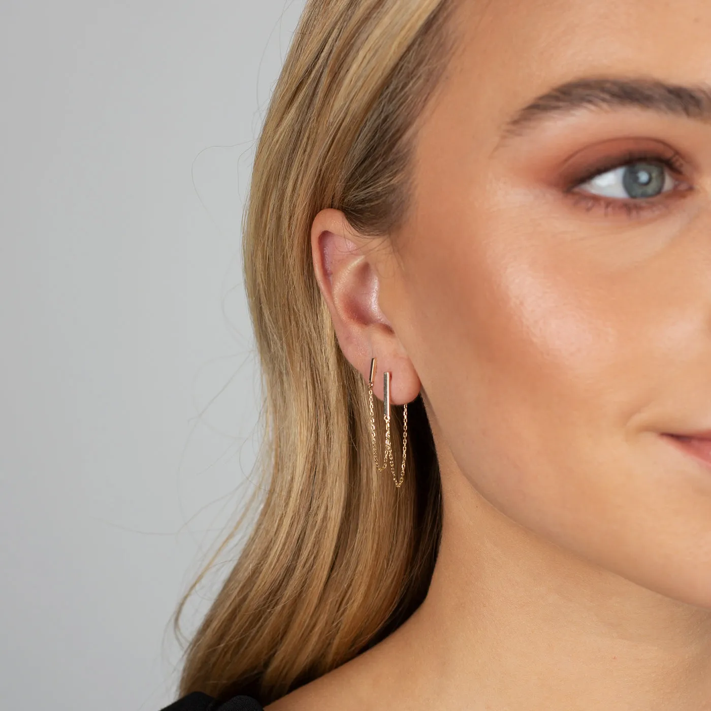 Solid Bar Chain Front Back Drop Stud Earring 14K