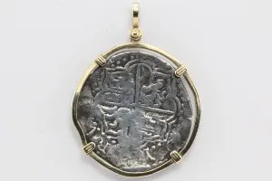 Spanish Silver 8 Reales / Piece of 8 in 14K Gold Bezel Pendant