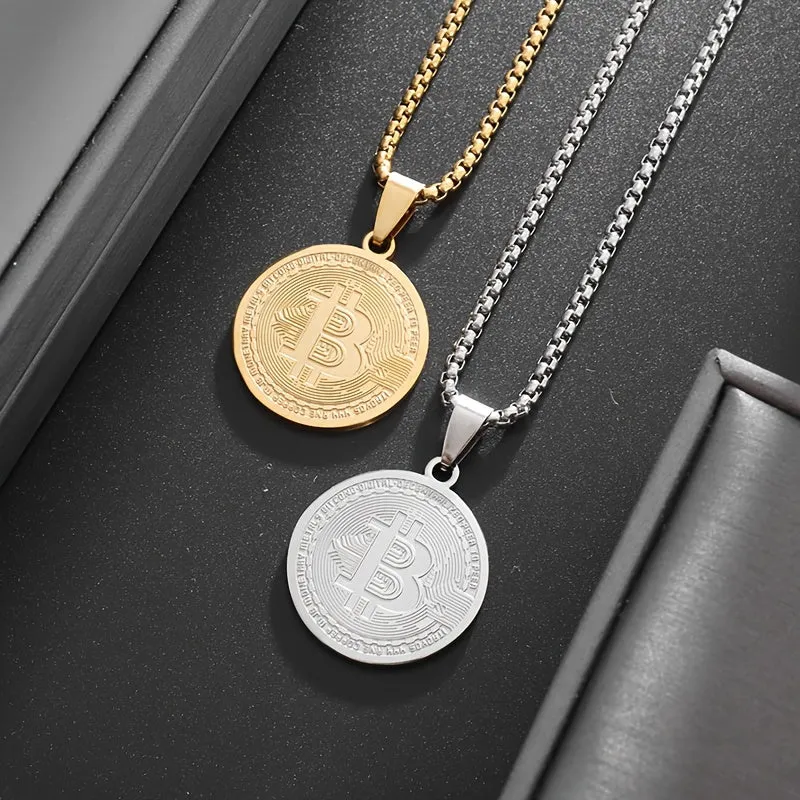 Stainless Steel Bitcoin Coin Pendant Necklace Charm Jewelry